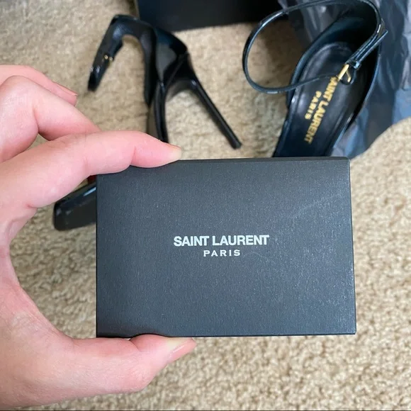 SAINT LAURENT BLACK PATENT VERNICE CHIFFON LEATHER HIGH HEEL SIZE 37 /7 - Picture 8 of 16